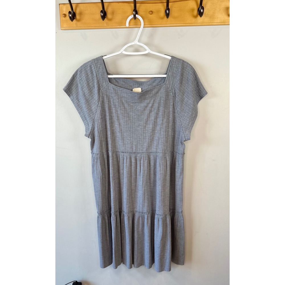 Natural Life Blue Grey Ribbed Tiered Mini Dress Square Neck Cap Sleeve M